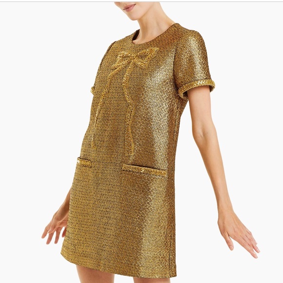 NWT MESTIZA NEW YORK Ainslee Gold Tweed Beaded Bow Mini Dress, Size XS - Picture 2 of 4